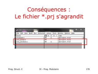 Prog. Struct. C IX - Prog. Modulaire 178
Conséquences :
Le fichier *.prj s'agrandit
 