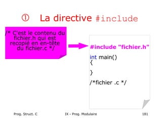 Prog. Struct. C IX - Prog. Modulaire 181
 La directive #include
/* C'est le contenu du
fichier.h qui est
recopié en en-tête
du fichier.c */ #include "fichier.h"
int main()
{
}
/*fichier .c */
 
