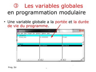 Prog. Struct. C IX - Prog. Modulaire 188
 Les variables globales
en programmation modulaire
• Une variable globale a la portée et la durée
de vie du programme.
 