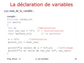Prog. Struct. - C 2. Les variables 32
type nom_de_la_variable ;
exemple :
#include <stdio.h>
int main()
{
int a; //déclaration
char var_car = 'f'; // + initialisation
char *pointe_ici; // le pointeur
a = 127; //affectation
pointe_ici = &var_car;
printf("la valeur de a = %i",a); //affichage
printf("n et celle de var_car %c", var_car);
}
La déclaration de variables
 