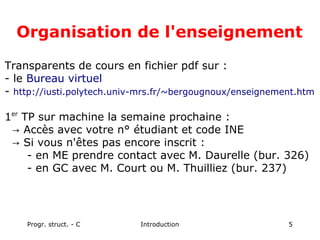 Progr. struct. - C Introduction 5
Organisation de l'enseignement
Transparents de cours en fichier pdf sur :
- le Bureau virtuel
- http://iusti.polytech.univ-mrs.fr/~bergougnoux/enseignement.htm
1er
TP sur machine la semaine prochaine :
→ Accès avec votre n° étudiant et code INE
→ Si vous n'êtes pas encore inscrit :
- en ME prendre contact avec M. Daurelle (bur. 326)
- en GC avec M. Court ou M. Thuilliez (bur. 237)
 