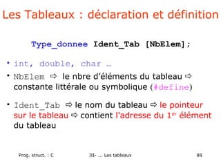 Prog. struct. : C III- ... Les tableaux 88
Les Tableaux : déclaration et définition
Type_donnee Ident_Tab [NbElem];
• int, double, char …
• NbElem  le nbre d’éléments du tableau 
constante littérale ou symbolique (#define)
• Ident_Tab  le nom du tableau  le pointeur
sur le tableau  contient l'adresse du 1er
élément
du tableau
 