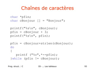 Prog. struct. : C III- ... Les tableaux 93
Chaînes de caractères
char *pfin;
char cBonjour [] = "Bonjour";
printf("%sn", cBonjour);
pfin = cBonjour + 3;
printf("%sn", pfin);
pfin = cBonjour+strlen(cBonjour);
do
{
printf ("%c",*--pfin);
}while (pfin != cBonjour);
 