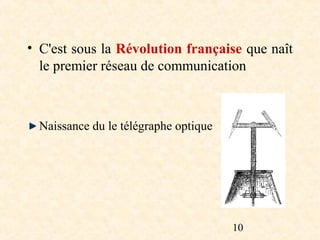 • C'est sous la Révolution française que naît
  le premier réseau de communication



  Naissance du le télégraphe optique




                                       10
 