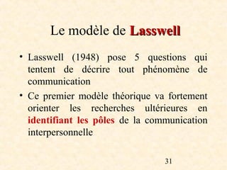 Le modèle de Lasswell
• Lasswell (1948) pose 5 questions qui
  tentent de décrire tout phénomène de
  communication
• Ce premier modèle théorique va fortement
  orienter les recherches ultérieures en
  identifiant les pôles de la communication
  interpersonnelle

                                 31
 