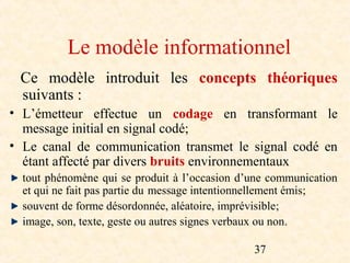 Le modèle informationnel
 Ce modèle introduit les concepts théoriques
 suivants :
• L’émetteur effectue un codage en transformant le
  message initial en signal codé;
• Le canal de communication transmet le signal codé en
  étant affecté par divers bruits environnementaux
  tout phénomène qui se produit à l’occasion d’une communication
  et qui ne fait pas partie du message intentionnellement émis;
  souvent de forme désordonnée, aléatoire, imprévisible;
  image, son, texte, geste ou autres signes verbaux ou non.

                                               37
 