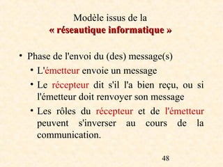Modèle issus de la
       « réseautique informatique »

• Phase de l'envoi du (des) message(s)
   • L'émetteur envoie un message
   • Le récepteur dit s'il l'a bien reçu, ou si
     l'émetteur doit renvoyer son message
   • Les rôles du récepteur et de l'émetteur
     peuvent s'inverser au cours de la
     communication.

                                    48
 