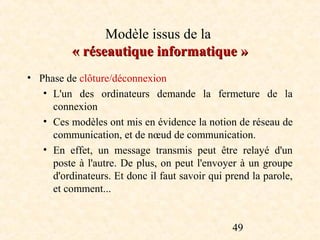 Modèle issus de la
          « réseautique informatique »
• Phase de clôture/déconnexion
   • L'un des ordinateurs demande la fermeture de la
     connexion
   • Ces modèles ont mis en évidence la notion de réseau de
     communication, et de nœud de communication.
   • En effet, un message transmis peut être relayé d'un
     poste à l'autre. De plus, on peut l'envoyer à un groupe
     d'ordinateurs. Et donc il faut savoir qui prend la parole,
     et comment...


                                                49
 