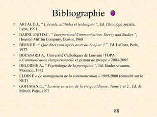 Bibliographie
•   ARTAUD J., “ L’écoute, attitudes et techniques ”, Ed. Chronique sociale,
    Lyon, 1991
•   BARNLUND D.C., “ Interpersonal Communication, Survey and Studies ”,
    Houston Mifflin Company, Boston,1968
•   BERNE E., “ Que dites vous après avoir dit bonjour ? ”, Ed. Laffont, Paris,
    1977
•   BOUSSARD A, Université Catholiques de Louvain / FOPA
    « Communication interpersonnelle et gestion de groupe » 2004-2005
•   DELORME A., “ Psychologie de la perception ”, Ed. Etudes vivantes,
    Montréal, 1982
•   ELDIN F « Le management de la communication » 1999-2000 (consulté sur le
    NET)
•   GOFFMAN E., “ La mise en scène de la vie quotidienne, Tome 1 et 2 , Ed. de
    Minuit, Paris, 1973




                                                             88
 