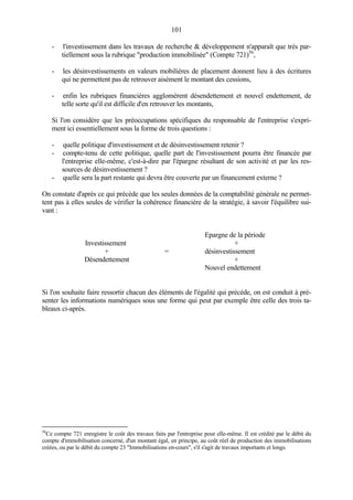 101
- l'investissement dans les travaux de recherche & développement n'apparaît que très par-
tiellement sous la rubrique "production immobilisée" (Compte 721)56
,
- les désinvestissements en valeurs mobilières de placement donnent lieu à des écritures
qui ne permettent pas de retrouver aisément le montant des cessions,
- enfin les rubriques financières agglomèrent désendettement et nouvel endettement, de
telle sorte qu'il est difficile d'en retrouver les montants,
Si l'on considère que les préoccupations spécifiques du responsable de l'entreprise s'expri-
ment ici essentiellement sous la forme de trois questions :
- quelle politique d'investissement et de désinvestissement retenir ?
- compte-tenu de cette politique, quelle part de l'investissement pourra être financée par
l'entreprise elle-même, c'est-à-dire par l'épargne résultant de son activité et par les res-
sources de désinvestissement ?
- quelle sera la part restante qui devra être couverte par un financement externe ?
On constate d'après ce qui précède que les seules données de la comptabilité générale ne permet-
tent pas à elles seules de vérifier la cohérence financière de la stratégie, à savoir l'équilibre sui-
vant :
Epargne de la période
Investissement +
+ = désinvestissement
Désendettement +
Nouvel endettement
Si l'on souhaite faire ressortir chacun des éléments de l'égalité qui précède, on est conduit à pré-
senter les informations numériques sous une forme qui peut par exemple être celle des trois ta-
bleaux ci-après.
56
Ce compte 721 enregistre le coût des travaux faits par l'entreprise pour elle-même. Il est crédité par le débit du
compte d'immobilisation concerné, d'un montant égal, en principe, au coût réel de production des immobilisations
créées, ou par le débit du compte 23 "Immobilisations en-cours", s'il s'agit de travaux importants et longs.
 