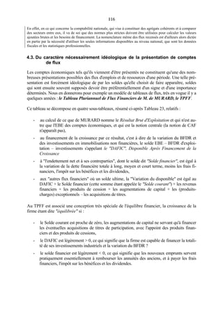 116116
En effet, en ce qui concerne la comptabilité nationale, qui vise à constituer des agrégats cohérents et à comparer
des secteurs entre eux, il va de soi que des normes plus strictes doivent être utilisées pour calculer les valeurs
ajoutées brutes et les besoins de financement. La nomenclature même des flux recensés est d'ailleurs alors dictée
en partie par la nécessité d'utiliser les seules informations disponibles au niveau national, que sont les données
fiscales et les statistiques professionnelles.
4.3. Du caractère nécessairement idéologique de la présentation de comptes
de flux
Les comptes économiques tels qu'ils viennent d'être présentés ne constituent qu'une des nom-
breuses présentations possibles des flux d'emplois et de ressources d'une période. Une telle pré-
sentation est forcément idéologique de par les soldes qu'elle choisit de faire apparaître, soldes
qui sont ensuite souvent supposés devoir être préférentiellement d'un signe et d'une importance
déterminés. Nous en donnerons pour exemple un modèle de tableaux de flux, très en vogue il y a
quelques années : le Tableau Pluriannuel de Flux Financiers de M. de MURARD, le TPFF.
Ce tableau se décompose en quatre sous-tableaux, résumé ci-après Tableau 23, relatifs :
- au calcul de ce que de MURARD nomme le Résultat Brut d'Exploitation et qui n'est au-
tre que l'EBE des comptes économiques, et qui est la notion centrale (la notion de CAF
n'apparaît pas),
- au financement de la croissance par ce résultat, c'est à dire de la variation du BFDR et
des investissements en immobilisations non financières, le solde EBE – BFDR d'exploi-
tation – investissements s'appelant le "DAFIC", Disponible Après Financement de la
Croissance
- à "l'endettement net et à ses contreparties", dont le solde dit "Solde financier", est égal à
la variation de la dette financière totale à long, moyen et court terme, moins les frais fi-
nanciers, l'impôt sur les bénéfices et les dividendes,
- aux "autres flux financiers" où un solde ultime, la "Variation du disponible" est égal au
DAFIC + le Solde financier (cette somme étant appelée le "Solde courant") + les revenus
financiers + les produits de cession + les augmentations de capital + les (produits-
charges) exceptionnels – les acquisitions de titres.
Au TPFF est associé une conception très spéciale de l'équilibre financier, la croissance de la
firme étant dite "équilibrée" si :
- le Solde courant est proche de zéro, les augmentations de capital ne servant qu'à financer
les éventuelles acquisitions de titres de participation, avec l'appoint des produits finan-
ciers et des produits de cessions,
- le DAFIC est légèrement > 0, ce qui signifie que la firme est capable de financer la totali-
té de ses investissements industriels et la variation du BFDR ?
- le solde financier est légèrement < 0, ce qui signifie que les nouveaux emprunts servent
pratiquement essentiellement à rembourser les annuités des anciens, et à payer les frais
financiers, l'impôt sur les bénéfices et les dividendes.
 
