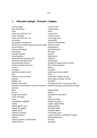 143
4. Glossaire abrégé : Français - Anglais
actif circulant current assets
actif immobilisé capital assets
actifs assets
action avec droit de vote voting share
action ordinaire common stock
action sans droit de vote non voting stock
actionnaire stockholder
actionnaires minoritaires minority shareholders
actions de la société rachetées par elle-même treasury stocks
actions émises issued shares
actions privilégiées preferred stocks
affacturage factoring
amende, pénalité penalty
amortissement depreciation
amortissement des gisements depletion
amortissement d'une dette amortization
amortissement linéaire straight line depreciation method
analyse des flux financiers flow of fond analysis
associé partner
assurance insurance
autofinancement courant operating working capital
bail lease
balance avant inventaire trial balance before closing
bénéfice profit, gain, earnings, income
bénéfice net net profit
bénéfice par action earnings per share, income per share
bénéfices non distribués, réserves et report à
nouveau
retained earnings, accumulated earnings
bilan balance sheet
brevets patents
budget de trésorerie statement of cash-flows
caisse et banque cash
caisse petty cash fund
camouflage comptable window-dressing
capital capital, capital stock
capital appelé versé paid up capital
capital non appelé uncalled capital
capital social nominal capital
capitaux circulants circulating assets
capitaux propres owner's equities, stockholder's equity
carrières mineral properties
caution, garantie, nantissement security
cautionnement guarantee
 