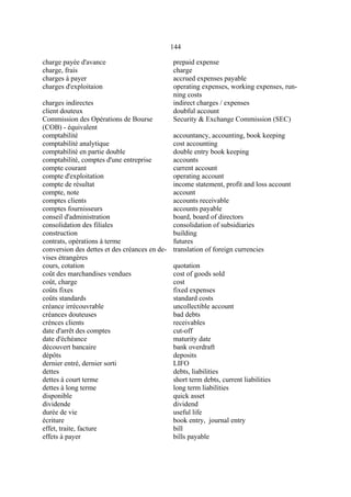 144
charge payée d'avance prepaid expense
charge, frais charge
charges à payer accrued expenses payable
charges d'exploitaion operating expenses, working expenses, run-
ning costs
charges indirectes indirect charges / expenses
client douteux doubful account
Commission des Opérations de Bourse
(COB) - équivalent
Security & Exchange Commission (SEC)
comptabilité accountancy, accounting, book keeping
comptabilité analytique cost accounting
comptabilité en partie double double entry book keeping
comptabilité, comptes d'une entreprise accounts
compte courant current account
compte d'exploitation operating account
compte de résultat income statement, profit and loss account
compte, note account
comptes clients accounts receivable
comptes fournisseurs accounts payable
conseil d'administration board, board of directors
consolidation des filiales consolidation of subsidiaries
construction building
contrats, opérations à terme futures
conversion des dettes et des créances en de-
vises étrangères
translation of foreign currencies
cours, cotation quotation
coût des marchandises vendues cost of goods sold
coût, charge cost
coûts fixes fixed expenses
coûts standards standard costs
créance irrécouvrable uncollectible account
créances douteuses bad debts
crénces clients receivables
date d'arrêt des comptes cut-off
date d'échéance maturity date
découvert bancaire bank overdraft
dépôts deposits
dernier entré, dernier sorti LIFO
dettes debts, liabilities
dettes à court terme short term debts, current liabilities
dettes à long terme long term liabilities
disponible quick asset
dividende dividend
durée de vie useful life
écriture book entry, journal entry
effet, traite, facture bill
effets à payer bills payable
 