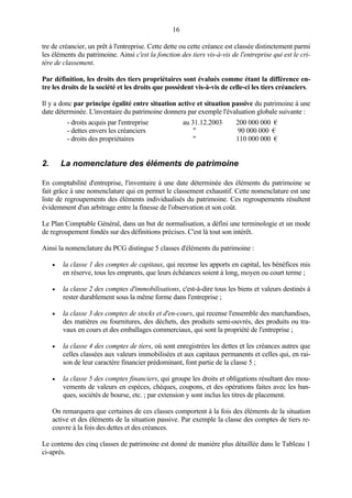 16
tre de créancier, un prêt à l'entreprise. Cette dette ou cette créance est classée distinctement parmi
les éléments du patrimoine. Ainsi c'est la fonction des tiers vis-à-vis de l'entreprise qui est le cri-
tère de classement.
Par définition, les droits des tiers propriétaires sont évalués comme étant la différence en-
tre les droits de la société et les droits que possèdent vis-à-vis de celle-ci les tiers créanciers.
Il y a donc par principe égalité entre situation active et situation passive du patrimoine à une
date déterminée. L'inventaire du patrimoine donnera par exemple l'évaluation globale suivante :
- droits acquis par l'entreprise
- dettes envers les créanciers
- droits des propriétaires
au 31.12.2003
"
"
200 000 000 €
90 000 000 €
110 000 000 €
2. La nomenclature des éléments de patrimoine
En comptabilité d'entreprise, l'inventaire à une date déterminée des éléments du patrimoine se
fait grâce à une nomenclature qui en permet le classement exhaustif. Cette nomenclature est une
liste de regroupements des éléments individualisés du patrimoine. Ces regroupements résultent
évidemment d'un arbitrage entre la finesse de l'observation et son coût.
Le Plan Comptable Général, dans un but de normalisation, a défini une terminologie et un mode
de regroupement fondés sur des définitions précises. C'est là tout son intérêt.
Ainsi la nomenclature du PCG distingue 5 classes d'éléments du patrimoine :
• la classe 1 des comptes de capitaux, qui recense les apports en capital, les bénéfices mis
en réserve, tous les emprunts, que leurs échéances soient à long, moyen ou court terme ;
• la classe 2 des comptes d'immobilisations, c'est-à-dire tous les biens et valeurs destinés à
rester durablement sous la même forme dans l'entreprise ;
• la classe 3 des comptes de stocks et d'en-cours, qui recense l'ensemble des marchandises,
des matières ou fournitures, des déchets, des produits semi-ouvrés, des produits ou tra-
vaux en cours et des emballages commerciaux, qui sont la propriété de l'entreprise ;
• la classe 4 des comptes de tiers, où sont enregistrées les dettes et les créances autres que
celles classées aux valeurs immobilisées et aux capitaux permanents et celles qui, en rai-
son de leur caractère financier prédominant, font partie de la classe 5 ;
• la classe 5 des comptes financiers, qui groupe les droits et obligations résultant des mou-
vements de valeurs en espèces, chèques, coupons, et des opérations faites avec les ban-
ques, sociétés de bourse, etc. ; par extension y sont inclus les titres de placement.
On remarquera que certaines de ces classes comportent à la fois des éléments de la situation
active et des éléments de la situation passive. Par exemple la classe des comptes de tiers re-
couvre à la fois des dettes et des créances.
Le contenu des cinq classes de patrimoine est donné de manière plus détaillée dans le Tableau 1
ci-après.
 
