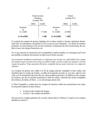 23
Ventes de mar-
chandises
(compte 707)
Clients
(compte 411)
Débit Crédit Débit Crédit
Situation
au
31.3.2003
le 10.4.2003
37 400
1 200
Situation
au
31.3.2003
le 10.4.2003
26 900
1 200
Ce système de comptes de gestion s'applique de la même manière à d'autres opérations directe-
ment liées à l'exploitation, auxquelles se livre au jour le jour l'entreprise : les achats de matières
premières, de sous-traitance et de services extérieurs, le paiement des frais de personnel, des im-
pôts et taxes, des charges financières, etc.
En ce qui concerne le mécanisme de la comptabilité à parties doubles, on remarquera qu'il n'est
pas modifié à condition d'en énoncer la règle sous la forme suivante :
tout événement modifiant le patrimoine se traduit par une écriture au crédit (débit) d'un compte
de situation et par au moins une écriture au débit (crédit), soit d'un compte de situation, soit d'un
compte de gestion. Toute passation d'écriture comptable fait au moins intervenir un compte de
situation.
Les comptes de gestion sont soldés à la fin de chaque période comptable et leurs soldes sont
transférés dans le compte de résultat ; au début de la période suivante, ils sont donc affectés d'un
solde nul. Ils enregistrent donc des flux de valeur pendant la période, à la différence des comptes
de situation, qui ont un caractère permanent et dont les soldes, valorisant des stocks comptables
(de créances, de dettes, de biens ...), ne sont presque jamais nuls.
Le Plan Comptable a, comme pour les comptes de situation, établi une nomenclature des comp-
tes de gestion répartis en deux classes :
• la classe 6 des comptes de charges
• la classe 7 des comptes de produits
On trouvera les comptes généraux de ces deux classes dans le Tableau 2 ci-après et les comptes
détaillés en annexe 4.
 