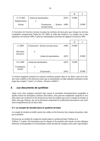 39
D C
31.12.2003 Achats de marchandises (607) 10 000
Régularisation à
d'achat Fournisseurs - factures
non parvenues
(408) 10 000
A l'ouverture de l'exercice suivant, on passe les écritures inverses pour que, lorsque les services
comptables enregistreront l'achat du 10.1.2004, le solde des écritures à ce compte mis à cette
opération soit nul pour 2004. L'achat de marchandises aura bien été rapporté à l'exercice 2003.
D C
1.1.2004 Fournisseurs - factures non parvenues (408) 10 000
Ouverture
d'exercice
à
Achats de marchandises (607) 10 000
10.1.2004
Constatation
d'achat
Achats de marchandises
à
Fournisseurs
(607)
(401)
10 000
10 000
Le lecteur imaginera aisément les écritures similaires passées dans le cas d'une vente où la fac-
ture reste à établir en fin d'exercice alors que la marchandise est déjà expédiée (utilisation symé-
trique des comptes "ventes", et "clients - factures à établir").
5. Les documents de synthèse
Après avoir ainsi expliqué comment était conçue la procédure d'enregistrement comptable et
quelles étaient les principales écritures d'inventaire, nous pouvons maintenant expliciter la ma-
nière dont sont construits en fin d'exercice les états de synthèse que sont le compte de résultat, le
bilan, ainsi que l'annexe, qui est un document comportant les explications nécessaires à une meil-
leure compréhension de ces deux états.
5.1. Le compte de résultat dans le système de base
Le compte de résultat est établi à partir des soldes en fin d'exercice des comptes de gestion, char-
ges et produits.
On trouvera un modèle de compte de résultat (dans le système de base) Tableau 6 et
Tableau 7 ci-après. On remarquera que les charges et les produits sont classés en trois rubriques
distinctes (correspondant à la nomenclature même du plan de comptes) selon qu'il s'agit d'opéra-
 