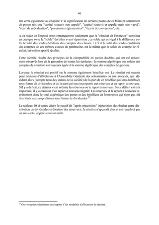 46
On verra également au chapitre V la signification de certains postes de ce bilan et notamment
de postes tels que "capital souscrit non appelé", "capital souscrit et appelé, mais non versé",
"écart de réévaluation", "provisions réglementées", "écarts de conversion", etc. ...
A ce stade de l'exposé nous remarquerons seulement que le "résultat de l'exercice" constitue
en quelque sorte le "solde" du bilan avant répartition ; ce solde qui est égal à la différence en-
tre le total des soldes débiteurs des comptes des classes 1 à 5 et le total des soldes créditeurs
des comptes de ces mêmes classes de patrimoine, est le même que le solde du compte de ré-
sultat, lui-même appelé résultat.
Cette identité résulte des principes de la comptabilité en parties doubles qui ont été notam-
ment observés lors de la passation de toutes les écritures : la somme algébrique des soldes des
comptes de situation est toujours égale à la somme algébrique des comptes de gestion.
Lorsque le résultat est positif on le nomme également bénéfice net. Le résultat est soumis
pour décision d'affectation à l'Assemblée Générale des actionnaires ou aux associés, qui dé-
cident alors (compte tenu des statuts de la société) de la part de ce bénéfice qui sera distribuée
sous forme de dividendes et de la part qui sera incorporée aux réserves et au report à nouveau.
S'il y a déficit, ce dernier vient réduire les réserves ou le report à nouveau. Si ce déficit est très
important, il y a création d'un report à nouveau négatif. Les réserves et le report à nouveau re-
présentent donc le total algébrique des pertes et des bénéfices de l'entreprise qui n'ont pas été
distribués aux propriétaires sous forme de dividendes 25
.
Le tableau 10 ci-après décrit le passif dit "après répartition" (répartition du résultat entre dis-
tribution de dividendes et dotation des réserves) ; le résultat n'apparaît plus et est remplacé par
un sous-total appelé situation nette.
25
On verra plus précisément au chapitre V les modalités d'affectation du résultat.
 