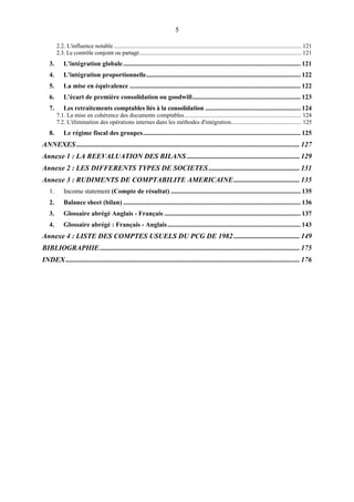 5
2.2. L'influence notable ............................................................................................................................. 121
2.3. Le contrôle conjoint ou partagé............................................................................................................ 121
3. L'intégration globale............................................................................................................ 121
4. L'intégration proportionnelle.............................................................................................. 122
5. La mise en équivalence ........................................................................................................ 122
6. L'écart de première consolidation ou goodwill.................................................................. 123
7. Les retraitements comptables liés à la consolidation .......................................................... 124
7.1. La mise en cohérence des documents comptables.............................................................................. 124
7.2. L'élimination des opérations internes dans les méthodes d'intégration............................................... 125
8. Le régime fiscal des groupes................................................................................................ 125
ANNEXES ............................................................................................................................. 127
Annexe 1 : LA REEVALUATION DES BILANS ............................................................... 129
Annexe 2 : LES DIFFERENTS TYPES DE SOCIETES................................................... 131
Annexe 3 : RUDIMENTS DE COMPTABILITE AMERICAINE..................................... 135
1. Income statement (Compte de résultat) ............................................................................... 135
2. Balance sheet (bilan) ............................................................................................................ 136
3. Glossaire abrégé Anglais - Français ................................................................................... 137
4. Glossaire abrégé : Français - Anglais................................................................................. 143
Annexe 4 : LISTE DES COMPTES USUELS DU PCG DE 1982 ..................................... 149
BIBLIOGRAPHIE................................................................................................................ 175
INDEX ................................................................................................................................... 176
 