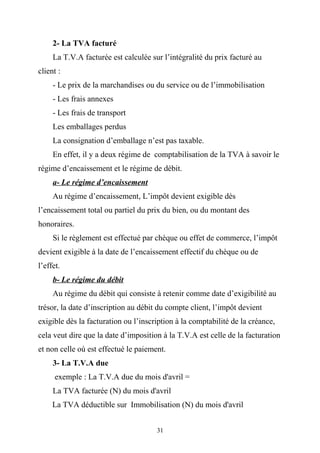 2- La TVA facturé
La T.V.A facturée est calculée sur l’intégralité du prix facturé au
client :
- Le prix de la marchandises ou du service ou de l’immobilisation
- Les frais annexes
- Les frais de transport
Les emballages perdus
La consignation d’emballage n’est pas taxable.
En effet, il y a deux régime de comptabilisation de la TVA à savoir le
régime d’encaissement et le régime de débit.
a- Le régime d’encaissement
Au régime d’encaissement, L’impôt devient exigible dès
l’encaissement total ou partiel du prix du bien, ou du montant des
honoraires.
Si le règlement est effectué par chèque ou effet de commerce, l’impôt
devient exigible à la date de l’encaissement effectif du chèque ou de
l’effet.
b- Le régime du débit
Au régime du débit qui consiste à retenir comme date d’exigibilité au
trésor, la date d’inscription au débit du compte client, l’impôt devient
exigible dès la facturation ou l’inscription à la comptabilité de la créance,
cela veut dire que la date d’imposition à la T.V.A est celle de la facturation
et non celle où est effectué le paiement.
3- La T.V.A due
exemple : La T.V.A due du mois d'avril =
La TVA facturée (N) du mois d'avril
La TVA déductible sur Immobilisation (N) du mois d'avril
31
 