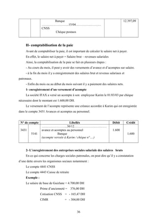 Banque
……………………..15/04……………………
CNSS
Chèque postaux
12.397,09
II- comptabilisation de la paie
Avant de comptabiliser la paie, il est important de calculer le salaire net à payer.
En effet, le salaire net à payer = Salaire brut – revenues salariales
Ainsi, la comptabilisation de la paie se fait en plusieurs étapes :
- Au cours du mois, il peut y avoir des versements d’avance et d’acomptes sur salaire.
- à la fin du mois il y a enregistrement des salaires brut et revenus salariaux et
patronaux.
- Enfin du mois ou au début du mois suivant il y a paiement des salaires nets.
1- enregistrement d’un versement d’acompte
La société IFAX a versé un acompte à son employeur Karim le 01/03/03 par chèque
nécessaire dont le montant est 1.600,00 DH.
Le versement de l’acompte représente une créance accordée à Karim qui est enregistrée
dans le compte 3431 Avances et acomptes au personnel.
N° de compte Libellés Débit Crédit
3431
5141
……….…………...30/12………….………………
avance et acomptes au personnel
Banque
(acompte verssée à Karim / chèque n°….)
1.600
1.600
2- L’enregistrement des entreprises sociales salariale des salaires bruts
En ce qui concerne les charges sociales patronales, on peut dire qu’il y a constatation
d’une dette envers les organismes sociaux notamment :
Le compte 4441 CNSS
Le compte 4443 Caisse de retraite
Exemple :
Le salaire de base de Guizlane = 4.700,00 DH
Prime d’ancienneté = 376,00 DH
Cotisation CNSS = - 165,47 DH
CIMR = - 304,00 DH
36
 