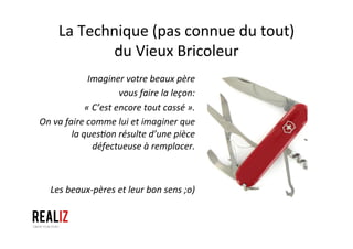 La	
  Technique	
  (pas	
  connue	
  du	
  tout)	
  	
  
du	
  Vieux	
  Bricoleur	
  
Imaginer	
  votre	
  beaux	
  père	
  
vous	
  faire	
  la	
  leçon:	
  
«	
  C’est	
  encore	
  tout	
  cassé	
  ».	
  
On	
  va	
  faire	
  comme	
  lui	
  et	
  imaginer	
  que	
  
la	
  quesQon	
  résulte	
  d’une	
  pièce	
  
défectueuse	
  à	
  remplacer.	
  
	
  
	
  
Les	
  beaux-­‐pères	
  et	
  leur	
  bon	
  sens	
  ;o)	
  
 