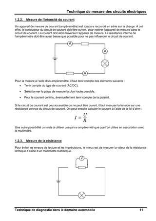 Technique de mesure des circuits électriques
Technique de diagnostic dans le domaine automobile 11
1.2.2. Mesure de l’intensité du courant
Un appareil de mesure de courant (ampèremètre) est toujours raccordé en série sur la charge. A cet
effet, le conducteur du circuit de courant doit être ouvert, pour insérer l’appareil de mesure dans le
circuit de courant. Le courant doit alors traverser l’appareil de mesure. La résistance interne de
l’ampèremètre doit être aussi basse que possible pour ne pas influencer le circuit de courant.
Pour la mesure à l’aide d’un ampèremètre, il faut tenir compte des éléments suivants :
• Tenir compte du type de courant (AC/DC).
• Sélectionner la plage de mesure la plus haute possible.
• Pour le courant continu, éventuellement tenir compte de la polarité.
Si le circuit de courant est peu accessible ou ne peut être ouvert, il faut mesurer la tension sur une
résistance connue du circuit de courant. On peut ensuite calculer le courant à l’aide de la loi d’ohm :
Une autre possibilité consiste à utiliser une pince ampèremétrique que l’on utilise en association avec
le multimètre.
1.2.3. Mesure de la résistance
Pour éviter les erreurs de lecture et les imprécisions, le mieux est de mesurer la valeur de la résistance
ohmique à l’aide d’un multimètre numérique.
 