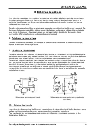 SCHÉMAS DE CÂBLAGE
Technique de diagnostic dans le domaine automobile 18
III Schémas de câblage
Pour fabriquer des pièces, on a besoin d'un dessin de fabrication, pour la construction d'une maison,
d'un plan de construction et pour des circuits électroniques, tant pour leur fabrication que pour la
recherche de défauts en cas de pannes, qui sera éventuellement nécessaire plus tard, un plan de
câblage est incontournable.
Dans les véhicules automobiles, un schéma de connexion complet est particulièrement important. Car,
d’une part, la longueur des câbles s’élève souvent à plusieurs centaines de mètres et ils sont placés
sous forme de faisceaux ; d’autre part, seuls ces plans permettent de détecter de manière fiable
comment les différentes fonctions sont associées dans le circuit.
1. Schémas de connexion
Dans les schémas de connexion, on distingue le schéma de raccordement, le schéma de câblage
détaillé et le schéma de câblage global.
1.1 Schéma de raccordement
Dans le schéma de raccordement, on peut voir les points de raccordement d'un dispositif électrique et
les liaisons conductrices qui y sont raccordées. Pour cette raison, ce plan sert en général de document
de référence pour le branchement ou le remplacement de composants électriques.
Dans ce but, on y représente les composants d'une installation électrique avec le schéma de câblage
qui y est associé, tous les points de raccordements ainsi que les désignations des bornes prescrites
selon DIN, la plupart du temps en fonction de leur position. La représentation du schéma de
raccordement ne s'effectue pas à l'échelle et néglige en général le câblage interne des appareils.
Les symboles de connexion normalisés sont représentés en traits pleins, et les boîtiers des appareils
en traits interrompus.
Schéma de raccordement imagé Schéma de raccordement avec symboles de
connexion
1.2. Schéma des circuits
Le schéma de câblage est particulièrement important pour le mécanicien de véhicules à moteur, parce
qu'il permet de reconnaître clairement les parcours électriques et les opérations.
Pour représenter les composants par des dessins, on utilise des symboles de connexion et des
désignations de bornes.
 