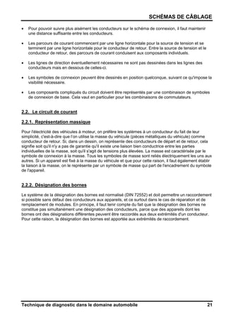 SCHÉMAS DE CÂBLAGE
Technique de diagnostic dans le domaine automobile 21
• Pour pouvoir suivre plus aisément les conducteurs sur le schéma de connexion, il faut maintenir
une distance suffisante entre les conducteurs.
• Les parcours de courant commencent par une ligne horizontale pour la source de tension et se
terminent par une ligne horizontale pour le conducteur de retour. Entre la source de tension et le
conducteur de retour, des parcours de courant conduisent aux composants individuels.
• Les lignes de direction éventuellement nécessaires ne sont pas dessinées dans les lignes des
conducteurs mais en dessous de celles-ci.
• Les symboles de connexion peuvent être dessinés en position quelconque, suivant ce qu'impose la
visibilité nécessaire.
• Les composants compliqués du circuit doivent être représentés par une combinaison de symboles
de connexion de base. Cela vaut en particulier pour les combinaisons de commutateurs.
2.2. Le circuit de courant
2.2.1. Représentation massique
Pour l'électricité des véhicules à moteur, on préfère les systèmes à un conducteur du fait de leur
simplicité, c'est-à-dire que l’on utilise la masse du véhicule (pièces métalliques du véhicule) comme
conducteur de retour. Si, dans un dessin, on représente des conducteurs de départ et de retour, cela
signifie soit qu'il n'y a pas de garantie qu'il existe une liaison bien conductrice entre les parties
individuelles de la masse, soit qu'il s'agit de tensions plus élevées. La masse est caractérisée par le
symbole de connexion à la masse. Tous les symboles de masse sont reliés électriquement les uns aux
autres. Si un appareil est fixé à la masse du véhicule et que pour cette raison, il faut également établir
la liaison à la masse, on le représente par un symbole de masse qui part de l'encadrement du symbole
de l'appareil.
2.2.2. Désignation des bornes
Le système de la désignation des bornes est normalisé (DIN 72552) et doit permettre un raccordement
si possible sans défaut des conducteurs aux appareils, et ce surtout dans le cas de réparation et de
remplacement de modules. En principe, il faut tenir compte du fait que la désignation des bornes ne
constitue pas simultanément une désignation des conducteurs, parce que des appareils dont les
bornes ont des désignations différentes peuvent être raccordés aux deux extrémités d'un conducteur.
Pour cette raison, la désignation des bornes est apportée aux extrémités de raccordement.
 