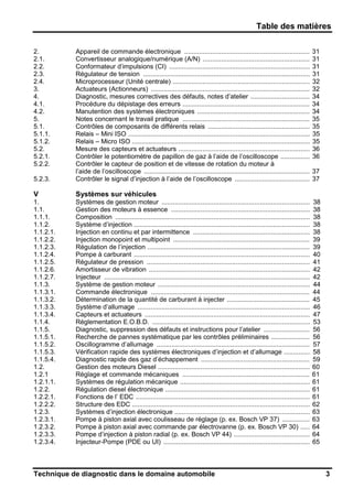 Table des matières
Technique de diagnostic dans le domaine automobile 3
2. Appareil de commande électronique .................................................................... 31
2.1. Convertisseur analogique/numérique (A/N) .......................................................... 31
2.2. Conformateur d’impulsions (CI) ............................................................................ 31
2.3. Régulateur de tension .......................................................................................... 31
2.4. Microprocesseur (Unité centrale) .......................................................................... 32
3. Actuateurs (Actionneurs) ...................................................................................... 32
4. Diagnostic, mesures correctives des défauts, notes d’atelier ................................ 34
4.1. Procédure du dépistage des erreurs ..................................................................... 34
4.2. Manutention des systèmes électroniques ............................................................. 34
5. Notes concernant le travail pratique ..................................................................... 35
5.1. Contrôles de composants de différents relais ....................................................... 35
5.1.1. Relais – Mini ISO .................................................................................................. 35
5.1.2. Relais – Micro ISO ................................................................................................ 35
5.2. Mesure des capteurs et actuateurs ....................................................................... 36
5.2.1. Contrôler le potentiomètre de papillon de gaz à l’aide de l’oscilloscope ................ 36
5.2.2. Contrôler le capteur de position et de vitesse de rotation du moteur à
l’aide de l’oscilloscope .......................................................................................... 37
5.2.3. Contrôler le signal d’injection à l’aide de l’oscilloscope ......................................... 37
V Systèmes sur véhicules
1. Systèmes de gestion moteur ................................................................................ 38
1.1. Gestion des moteurs à essence ........................................................................... 38
1.1.1. Composition ......................................................................................................... 38
1.1.2. Système d’injection ............................................................................................... 38
1.1.2.1. Injection en continu et par intermittence ............................................................... 38
1.1.2.2. Injection monopoint et multipoint .......................................................................... 39
1.1.2.3. Régulation de l’injection ........................................................................................ 39
1.1.2.4. Pompe à carburant ............................................................................................... 40
1.1.2.5. Régulateur de pression ........................................................................................ 41
1.1.2.6. Amortisseur de vibration ....................................................................................... 42
1.1.2.7. Injecteur ............................................................................................................... 42
1.1.3. Système de gestion moteur .................................................................................. 44
1.1.3.1. Commande électronique ...................................................................................... 44
1.1.3.2. Détermination de la quantité de carburant à injecter ............................................. 45
1.1.3.3. Système d’allumage ............................................................................................. 46
1.1.3.4. Capteurs et actuateurs ......................................................................................... 47
1.1.4. Réglementation E.O.B.D. ..................................................................................... 53
1.1.5. Diagnostic, suppression des défauts et instructions pour l’atelier ......................... 56
1.1.5.1. Recherche de pannes systématique par les contrôles préliminaires ..................... 56
1.1.5.2. Oscillogramme d’allumage ................................................................................... 57
1.1.5.3. Vérification rapide des systèmes électroniques d’injection et d’allumage .............. 58
1.1.5.4. Diagnostic rapide des gaz d’échappement ........................................................... 59
1.2. Gestion des moteurs Diesel .................................................................................. 60
1.2.1 Réglage et commande mécaniques ..................................................................... 61
1.2.1.1. Systèmes de régulation mécanique ...................................................................... 61
1.2.2. Régulation diesel électronique .............................................................................. 61
1.2.2.1. Fonctions de l’ EDC .............................................................................................. 61
1.2.2.2. Structure des EDC ................................................................................................ 62
1.2.3. Systèmes d’injection électronique ......................................................................... 63
1.2.3.1. Pompe à piston axial avec coulisseau de réglage (p. ex. Bosch VP 37) ............... 63
1.2.3.2. Pompe à piston axial avec commande par électrovanne (p. ex. Bosch VP 30) ..... 64
1.2.3.3. Pompe d’injection à piston radial (p. ex. Bosch VP 44) ......................................... 64
1.2.3.4. Injecteur-Pompe (PDE ou UI) ............................................................................... 65
 