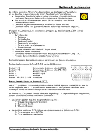 Systèmes de gestion moteur
Technique de diagnostic dans le domaine automobile 54
Le système contient un "témoin d'avertissement des gaz d'échappement" qui s'allume
en cas de défaut lié aux émissions. Le témoin d'avertissement s'allume lorsque :
• Il apparaît un défaut qui entraîne un débranchement de cylindre (protection du
catalyseur). Dans ce cas, la lampe clignote tant que le défaut est présent.
• Il se produit un défaut concernant les gaz d'échappement au cours de deux
cycles moteur successifs.
• Le module de gestion moteur détecte un défaut lors de son auto-test.
• Le contact est mis sans que le moteur tourne (fonction de contrôle des ampoules).
D'un point de vue technique, les spécifications principales qui découlent de l'E.O.B.D. sont les
suivantes :
• Surveillance de :
o Catalyseur
o Sondes lambda
o Système d'injection
o Système d'air secondaire
o Recyclage des gaz d'échappement
o Autres systèmes
• Détection de défauts de combustion ("engine misfire")
• Interface de testeur standardisé
• Commande standardisée des témoins de défaut (Malfunction Indicator Lamp - MIL)
• Protocole d'erreur standardisé et code d'erreur universel
Sur les interfaces de diagnostic universel, on s'oriente vers les données américaines.
Position des broches pour la fiche E.O.B.D. standard (16 broches):
Broches 7 + 15 Communication de données selon ISO 9141-2
Broches 2 + 10 Communication de données selon SAE J 1850
Broche 4 Masse du véhicule
Broche 5 Masse du signal
Broche 16 Batterie +
Broches 1,3,6,8,9,11,12,13,14 non définies
Format du code d'erreur de diagnostic (D.T.C.)
Les D.T.C. (Diagnostic Trouble Code) sont structurés de manière à pouvoir indiquer par leur aide un
défaut soupçonné. Les D.T.C. doivent servir d'accessoires lors des opérations d'entretien. Ils ne
doivent pas délivrer de conclusions implicites sur des composants défectueux.
La norme SAE J2012 prescrit un code d'erreur de diagnostic (D.T.C.) alphanumérique à cinq positions,
dont les positions individuelles sont définies comme suit :
• La première position du D.T.C. désigne la fonction D.T.C. :
P = Groupe motopropulseur (Powertrain)
B = Carrosserie (Body)
C = Châssis (Chassis)
• La deuxième position du D.T.C. indique qui est responsable de la définition du D.T.C. :
0 = Code normalisé selon SAE/ISO
1 = Code spécifique au constructeur
 