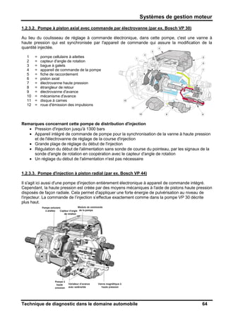 Systèmes de gestion moteur
Technique de diagnostic dans le domaine automobile 64
1.2.3.2. Pompe à piston axial avec commande par électrovanne (par ex. Bosch VP 30)
Au lieu du coulisseau de réglage à commande électronique, dans cette pompe, c'est une vanne à
haute pression qui est synchronisée par l'appareil de commande qui assure la modification de la
quantité injectée.
1 = pompe cellulaire à ailettes
2 = capteur d'angle de rotation
3 = bague à galets
4 = appareil de commande de la pompe
5 = fiche de raccordement
6 = piston axial
7 = électrovanne haute pression
8 = étrangleur de retour
9 = électrovanne d'avance
10 = mécanisme d'avance
11 = disque à cames
12 = roue d'émission des impulsions
Remarques concernant cette pompe de distribution d'injection
• Pression d'injection jusqu'à 1300 bars
• Appareil intégré de commande de pompe pour la synchronisation de la vanne à haute pression
et de l'électrovanne de réglage de la course d'injection
• Grande plage de réglage du début de l'injection
• Régulation du début de l'alimentation sans sonde de course du pointeau, par les signaux de la
sonde d'angle de rotation en coopération avec le capteur d'angle de rotation
• Un réglage du début de l'alimentation n'est pas nécessaire
1.2.3.3. Pompe d'injection à piston radial (par ex. Bosch VP 44)
Il s'agit ici aussi d'une pompe d'injection entièrement électronique à appareil de commande intégré.
Cependant, la haute pression est créée par des moyens mécaniques à l'aide de pistons haute pression
disposés de façon radiale. Cela permet d'appliquer une forte énergie de pulvérisation au niveau de
l'injecteur. La commande de l’injection s’effectue exactement comme dans la pompe VP 30 décrite
plus haut.
 