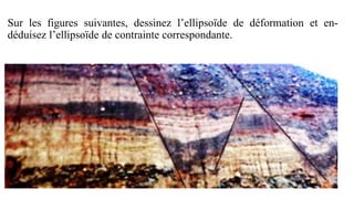 Sur les figures suivantes, dessinez l’ellipsoïde de déformation et en-
déduisez l’ellipsoïde de contrainte correspondante.
 