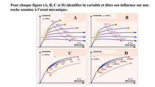 Pour chaque figure (A, B, C et D) identifier la variable et dites son influence sur une
roche soumise à l’essai mécanique.
 