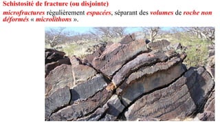 Schistosité de fracture (ou disjointe)
microfractures régulièrement espacées, séparant des volumes de roche non
déformés « microlithons ».
 