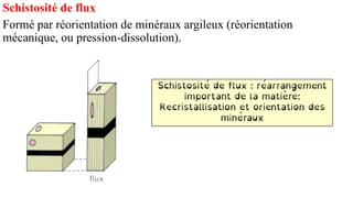 Schistosité de flux
Formé par réorientation de minéraux argileux (réorientation
mécanique, ou pression-dissolution).
 