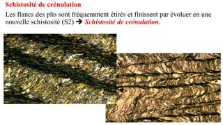 Schistosité de crénulation
Les flancs des plis sont fréquemment étirés et finissent par évoluer en une
nouvelle schistosité (S2) ➔ Schistosité de crénulation.
 
