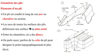 Géométrie des plis
Elements d’un pli
➢Un pli est courbé le long de son axe ou
charnière en section.
➢Les axes de toutes les surfaces des plis
définissent une surface ➔un plan axial.
➢Entre les charnières, on a des flancs.
➢On parle aussi, parfois de la crête du pli pour
désigner le point topographiquement le plus
élevé.
 