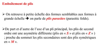 Emboîtement de plis
➢ On retrouve à petite échelle des formes semblables aux formes à
grande échelle ➔ on parle de plis parasites (parasitic folds).
➢De part et d’autre de l’axe d’un pli principal, les plis de second
ordre ont une asymétrie différente (plis en « S » et plis en « Z » )
; proche du sommet les plis secondaires sont des plis symétriques
en « M ».
 