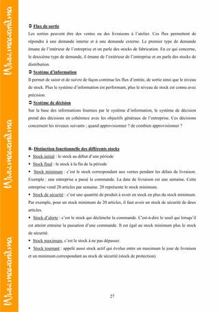 27
Flux de sortie
Les sorties peuvent être des ventes ou des livraisons à l’atelier. Ces flux permettent de
répondre à une demande interne et à une demande externe. Le premier type de demande
émane de l’intérieur de l’entreprise et on parle des stocks de fabrication. En ce qui concerne,
le deuxième type de demande, il émane de l’extérieur de l’entreprise et on parle des stocks de
distribution.
Système d’information
Il permet de saisir et de suivre de façon continue les flux d’entrée, de sortie ainsi que le niveau
de stock. Plus le système d’information est performant, plus le niveau de stock est connu avec
précision.
Système de décision
Sur la base des informations fournies par le système d’information, le système de décision
prend des décisions en cohérence avec les objectifs généraux de l’entreprise. Ces décisions
concernent les niveaux suivants ; quand approvisionner ? de combien approvisionner ?
B- Distinction fonctionnelle des différents stocks
Stock initial : le stock au début d’une période
Stock final : le stock à la fin de la période
Stock minimum : c’est le stock correspondant aux ventes pendant les délais de livraison.
Exemple : une entreprise a passé la commande. La date de livraison est une semaine. Cette
entreprise vend 20 articles par semaine. 20 représente le stock minimum.
Stock de sécurité : c’est une quantité de produit à avoir en stock en plus du stock minimum.
Par exemple, pour un stock minimum de 20 articles, il faut avoir un stock de sécurité de deux
articles.
Stock d’alerte : c’est le stock qui déclenche la commande. C'est-à-dire le seuil qui lorsqu’il
est atteint entraine la passation d’une commande. Il est égal au stock minimum plus le stock
de sécurité.
Stock maximum, c’est le stock à ne pas dépasser.
Stock tournant : appelé aussi stock actif qui évolue entre un maximum le jour de livraison
et un minimum correspondant au stock de sécurité (stock de protection).
 