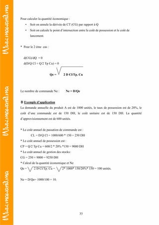 33
Pour calculer la quantité économique :
• Soit on annule la dérivée de CT (CG) par rapport à Q
• Soit on calcule le point d’intersection entre le coût de possession et le coût de
lancement.
* Pour le 2 éme cas :
d(CG)/dQ = 0
d(D/Q Cl + Q/2 Tp Cu) = 0
Qe = 2 D Cl/Tp. Cu
Le nombre de commande Ne : Ne = D/Qe
Exemple d’application
La demande annuelle du produit A est de 1000 unités, le taux de possession est de 20%, le
coût d’une commande est de 150 DH, le coût unitaire est de 150 DH. La quantité
d’approvisionnement est de 600 unités.
* Le coût annuel de passation de commande est :
CL = D/Q Cl = 1000/600 * 150 = 250 DH
* Le coût annuel de possession est :
CP = Q/2 Tp Cu = 600/2 * 20% *150 = 9000 DH
* Le coût annuel de gestion des stocks:
CG = 250 + 9000 = 9250 DH
* Calcul de la quantité économique et Ne
Qe = 2 D Cl/Tp. Cu = 2* 1000* 150/20%* 150 = 100 unités.
Ne = D/Qe= 1000/100 = 10.
 