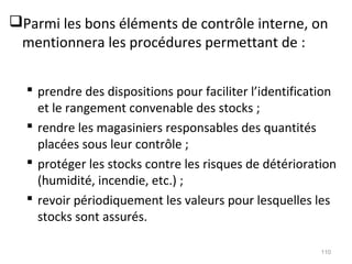 Parmi les bons éléments de contrôle interne, on
mentionnera les procédures permettant de :
 prendre des dispositions pour faciliter l’identification
et le rangement convenable des stocks ;
 rendre les magasiniers responsables des quantités
placées sous leur contrôle ;
 protéger les stocks contre les risques de détérioration
(humidité, incendie, etc.) ;
 revoir périodiquement les valeurs pour lesquelles les
stocks sont assurés.
110
 