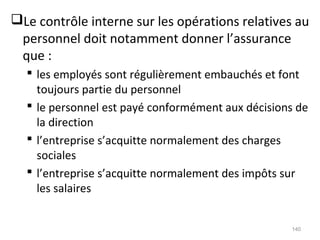 Le contrôle interne sur les opérations relatives au
personnel doit notamment donner l’assurance
que :
 les employés sont régulièrement embauchés et font
toujours partie du personnel
 le personnel est payé conformément aux décisions de
la direction
 l’entreprise s’acquitte normalement des charges
sociales
 l’entreprise s’acquitte normalement des impôts sur
les salaires
140
 