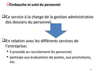 Embauche et suivi du personnelEmbauche et suivi du personnel
Ce service à la charge de la gestion administrative
des dossiers du personnel.
En relation avec les différents services de
l’entreprise;
 il procède au recrutement du personnel,
 participe aux évaluations de postes, aux promotions,
etc.
143
 
