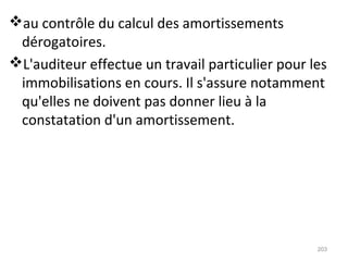 au contrôle du calcul des amortissements
dérogatoires.
L'auditeur effectue un travail particulier pour les
immobilisations en cours. Il s'assure notamment
qu'elles ne doivent pas donner lieu à la
constatation d'un amortissement.
203
 