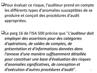 Pour évaluer ce risque, l'auditeur prend en compte
les différents types d'anomalies susceptibles de se
produire et conçoit des procédures d'audit
appropriées.
Le parg 16 de l'ISA 500 précise que "L'auditeur doitL'auditeur doit
employer des assertions pour des catégoriesemployer des assertions pour des catégories
d'opérations, de soldes de comptes, ded'opérations, de soldes de comptes, de
présentation et d'informations données dansprésentation et d'informations données dans
l'annexe d'une manière suffisamment détailléel'annexe d'une manière suffisamment détaillée
pour constituer une base d'évaluation des risquespour constituer une base d'évaluation des risques
d'anomalies significatives, de conception etd'anomalies significatives, de conception et
d'exécution d'autres procédures d'auditd'exécution d'autres procédures d'audit".12/06/14 3
 