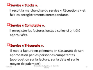 Service « Stocks ».Service « Stocks ».
Il reçoit la marchandise du service « Réceptions » et
fait les enregistrements correspondants.
Service « Comptable ».Service « Comptable ».
Il enregistre les factures lorsque celles-ci ont été
approuvées.
Service « Trésorerie ».Service « Trésorerie ».
Il met la facture en paiement en s’assurant de son
approbation par les personnes compétentes
(approbation sur la facture, sur la date et sur le
moyen de paiement)
12/06/14 34
Evaluation du Système de Contrôle
Interne
 