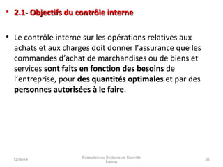 • 2.1- Objectifs du contrôle interne2.1- Objectifs du contrôle interne
• Le contrôle interne sur les opérations relatives aux
achats et aux charges doit donner l’assurance que les
commandes d’achat de marchandises ou de biens et
services sont faits en fonction des besoins de
l’entreprise, pour des quantités optimalesdes quantités optimales et par des
personnes autorisées à le fairepersonnes autorisées à le faire.
12/06/14 36
Evaluation du Système de Contrôle
Interne
 