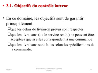 • 3.1- Objectifs du contrôle interne3.1- Objectifs du contrôle interne
• En ce domaine, les objectifs sont de garantir
principalement :
que les délais de livraison prévus sont respectés
que les livraisons (ou le service rendu) ne peuvent être
acceptées que si elles correspondent à une commande
que les livraisons sont faites selon les spécifications de
la commande.
12/06/14 41
Evaluation du Système de Contrôle
Interne
 