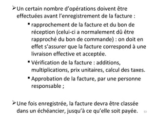 Un certain nombre d’opérations doivent être
effectuées avant l’enregistrement de la facture :
 rapprochement de la facture et du bon de
réception (celui-ci a normalement dû être
rapproché du bon de commande) : on doit en
effet s’assurer que la facture correspond à une
livraison effective et acceptée.
 Vérification de la facture : additions,
multiplications, prix unitaires, calcul des taxes.
 Approbation de la facture, par une personne
responsable ;
Une fois enregistrée, la facture devra être classée
dans un échéancier, jusqu’à ce qu’elle soit payée. 53
 