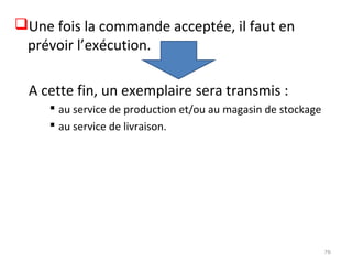 Une fois la commande acceptée, il faut en
prévoir l’exécution.
A cette fin, un exemplaire sera transmis :
 au service de production et/ou au magasin de stockage
 au service de livraison.
76
 